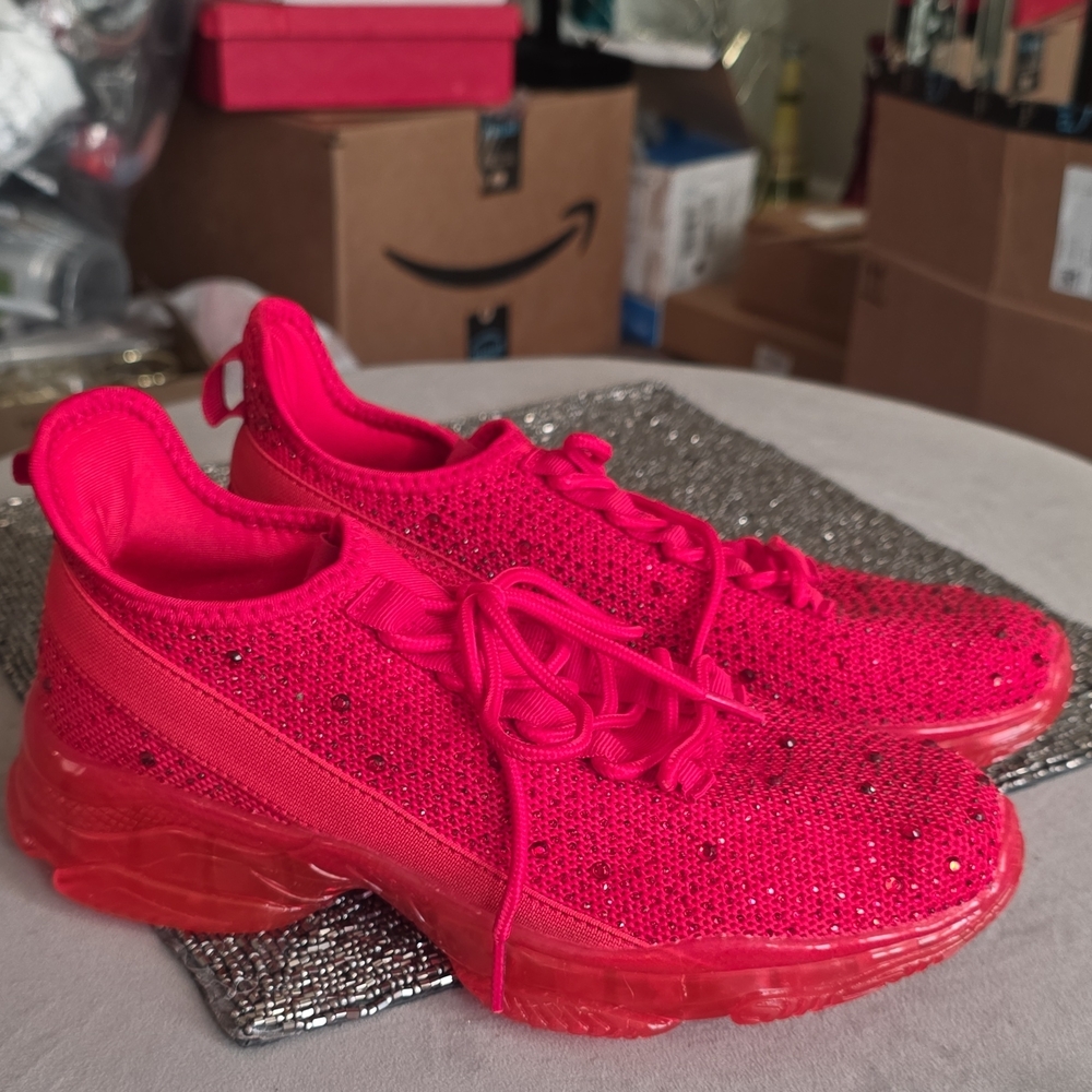 Women’s Red Embellished Knit Sneakers 8.5